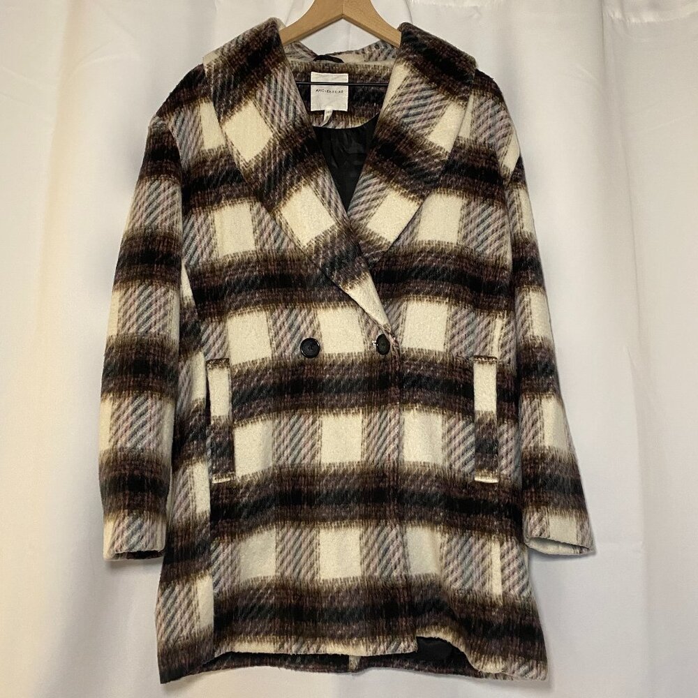 Avec Les Filles Wool Blend Midi Coat Womens L Plaid Purple Brown Cream Black GUC